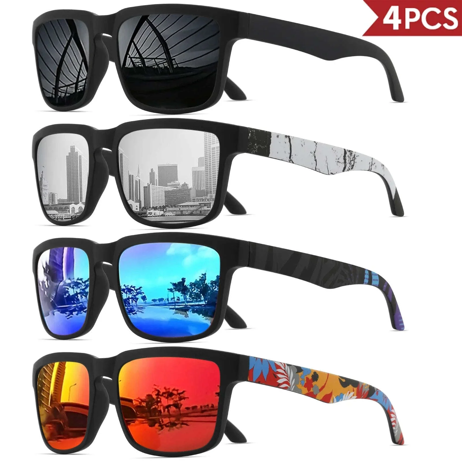 4PCS Square Sports Sunglasses with Designer Temple Pattern - Image 16