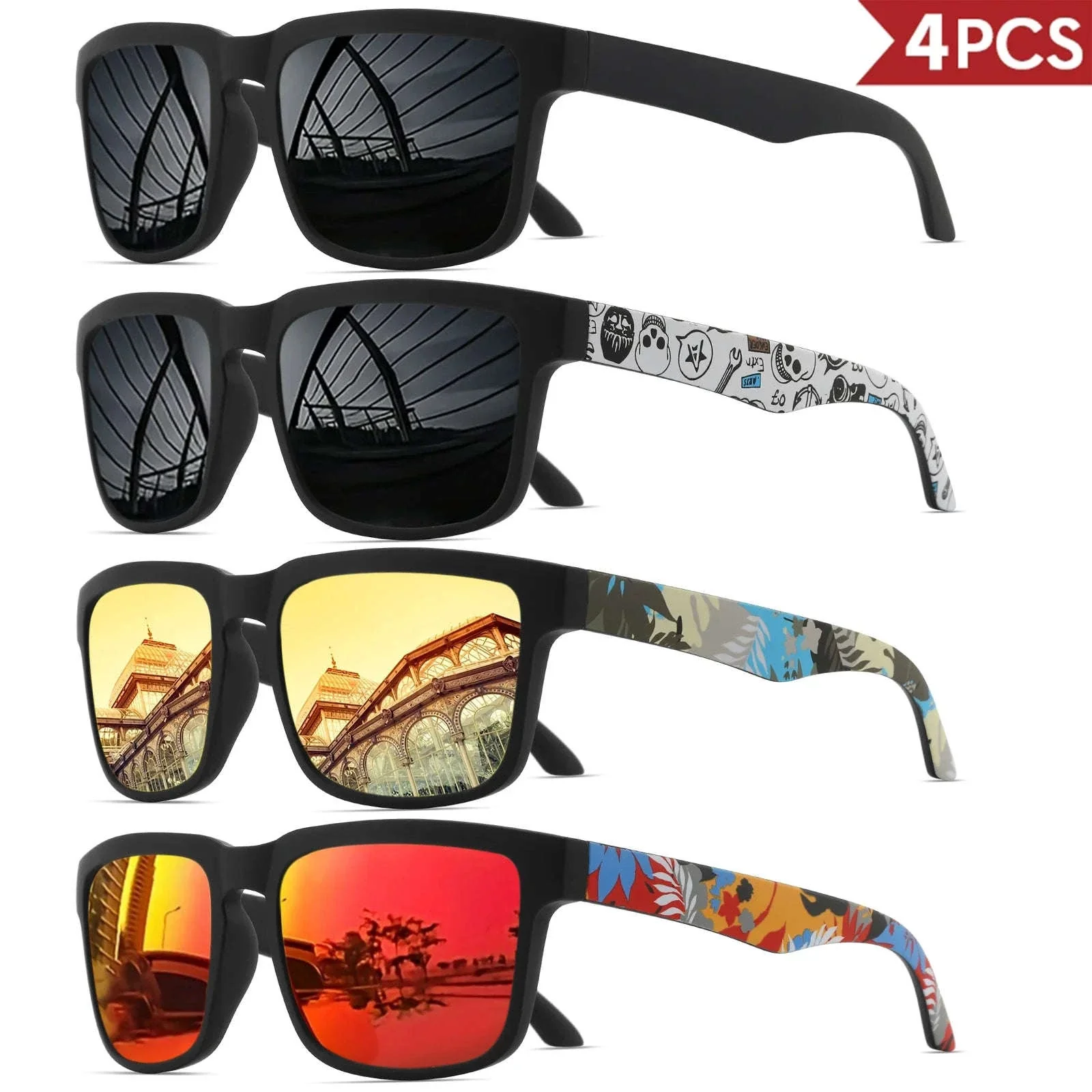 4PCS Square Sports Sunglasses with Designer Temple Pattern - Image 17