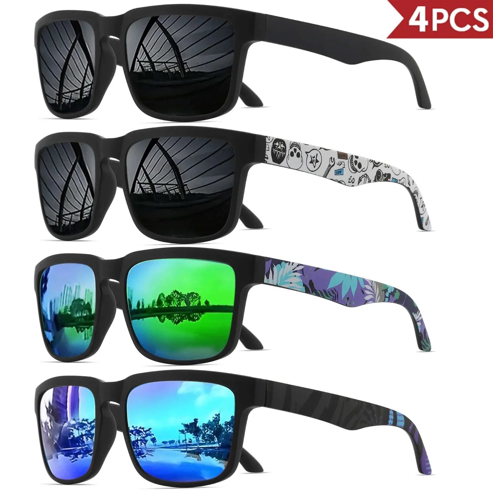 4PCS Square Sports Sunglasses with Designer Temple Pattern - Image 18