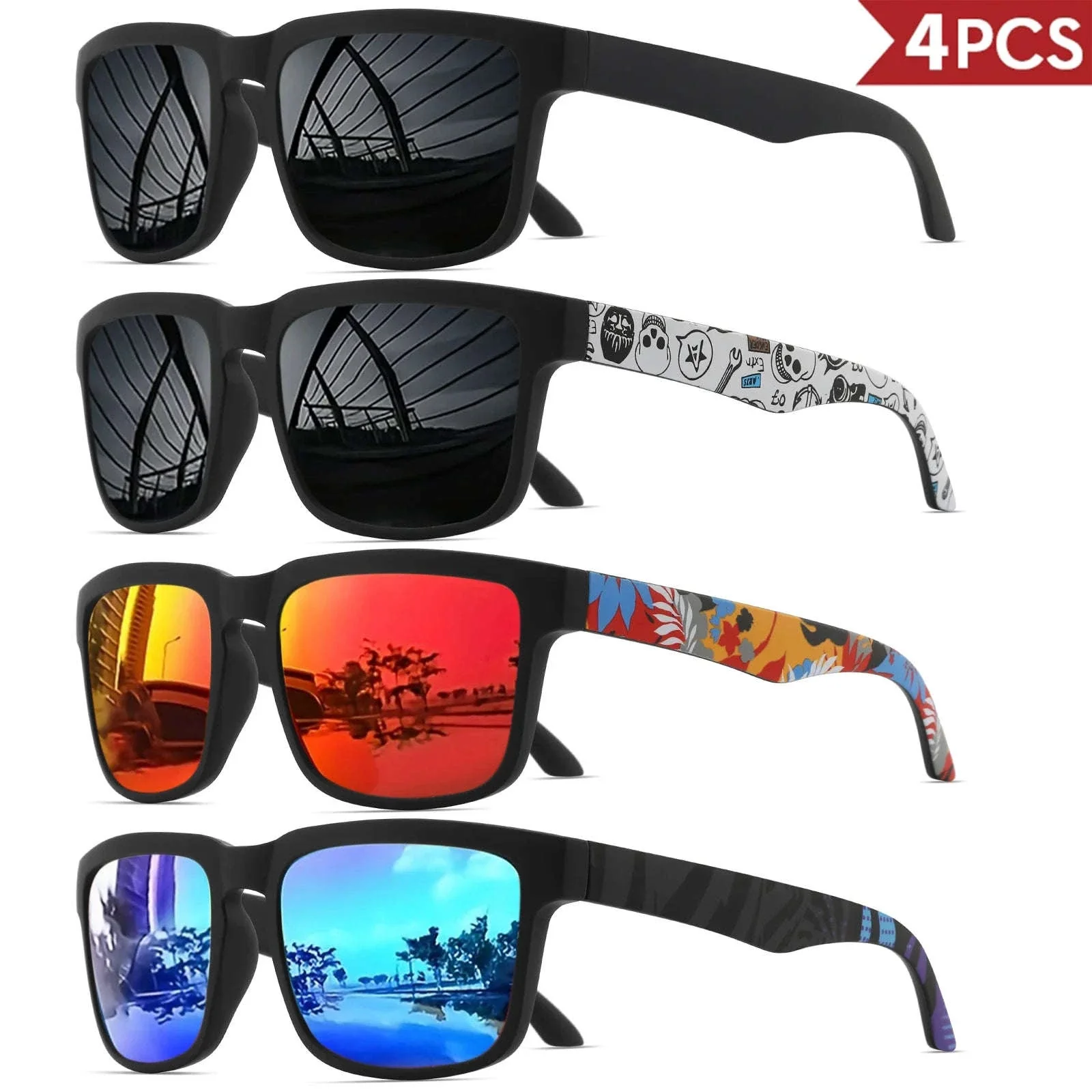 4PCS Square Sports Sunglasses with Designer Temple Pattern - Image 19