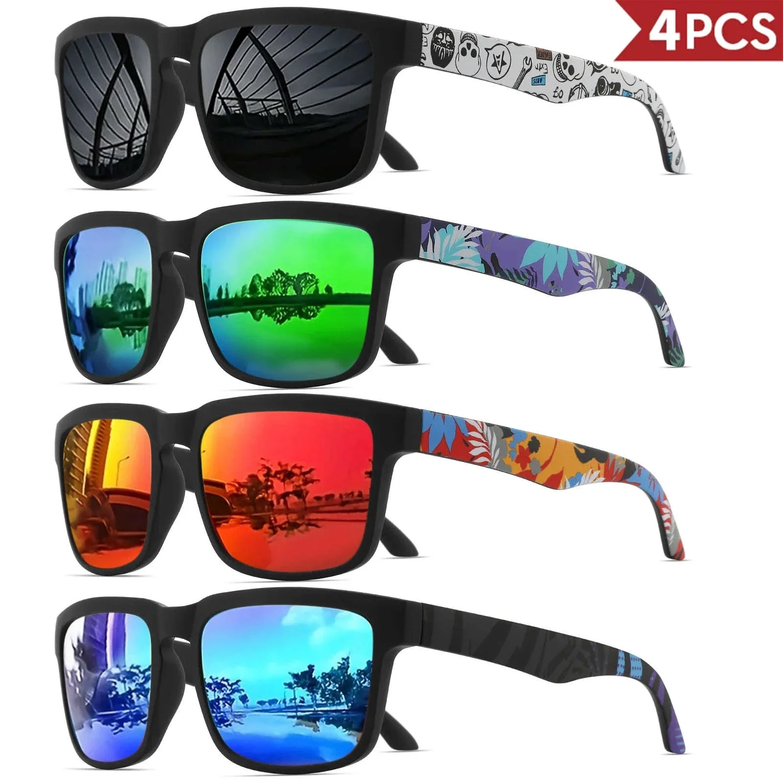4PCS Square Sports Sunglasses with Designer Temple Pattern - Image 20