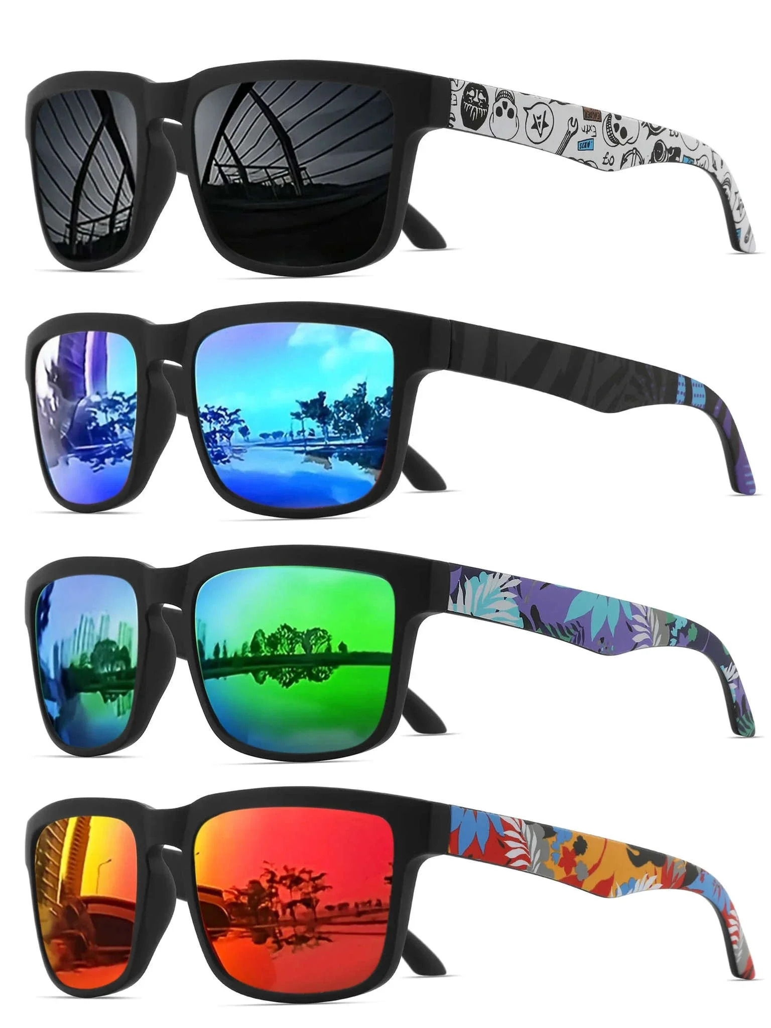 4PCS Square Sports Sunglasses with Designer Temple Pattern - Image 8