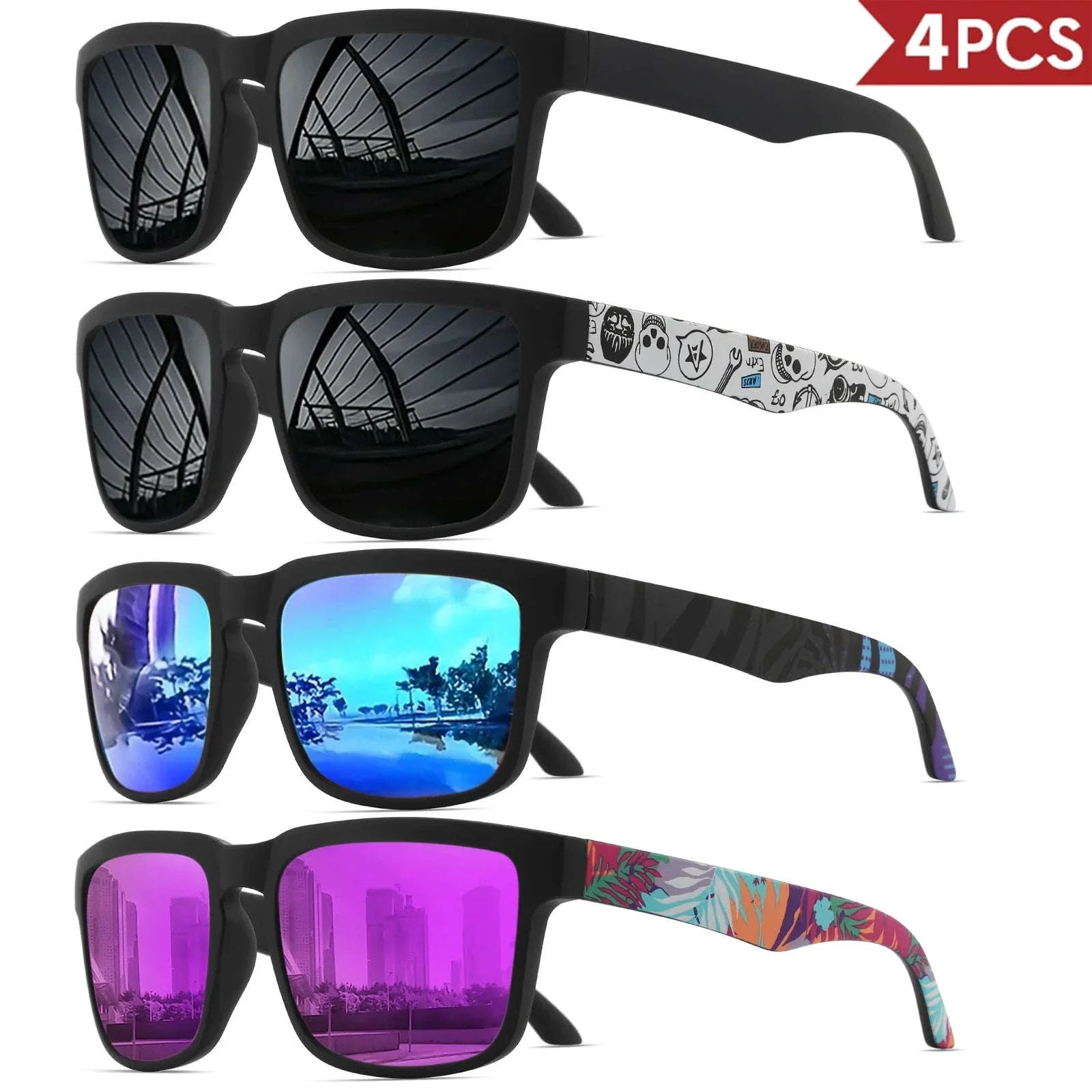 4PCS Square Sports Sunglasses with Designer Temple Pattern - Image 9