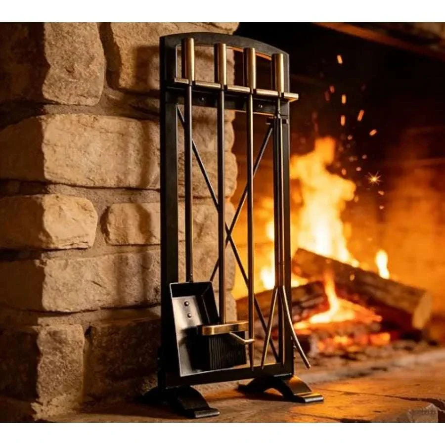 Wrought Iron Fireplace Tool Set with Poker, Tongs, Shovel & Broom