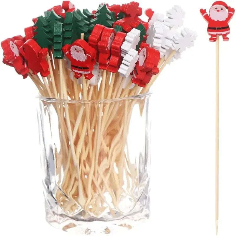 50pcs Christmas Bamboo Fruit Sticks with Festive Ornaments - Image 2