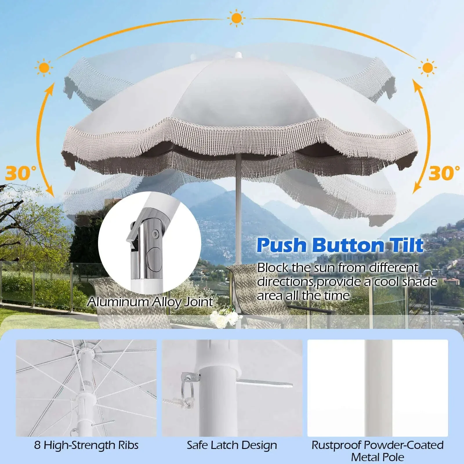 6.5 FT Patio Fringe Umbrella with Push-Button Tilt and Carry Bag - Image 8