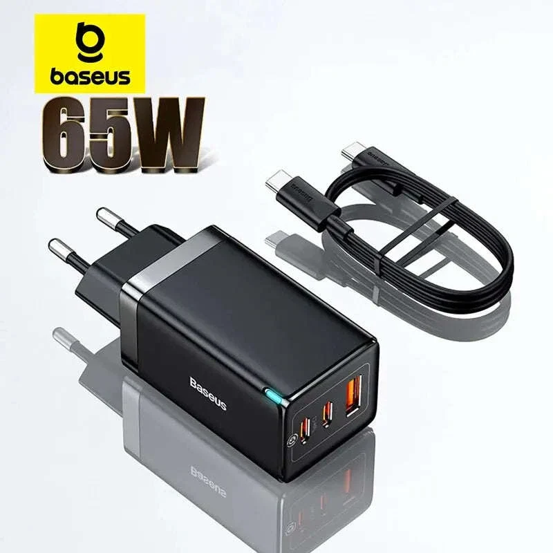 65W GaN Fast Charger with Dual USB-C & USB Ports for Laptop Phone
