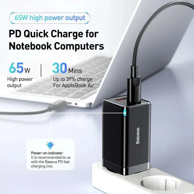 65W GaN Fast Charger with Dual USB-C & USB Ports for Laptop Phone - Image 2