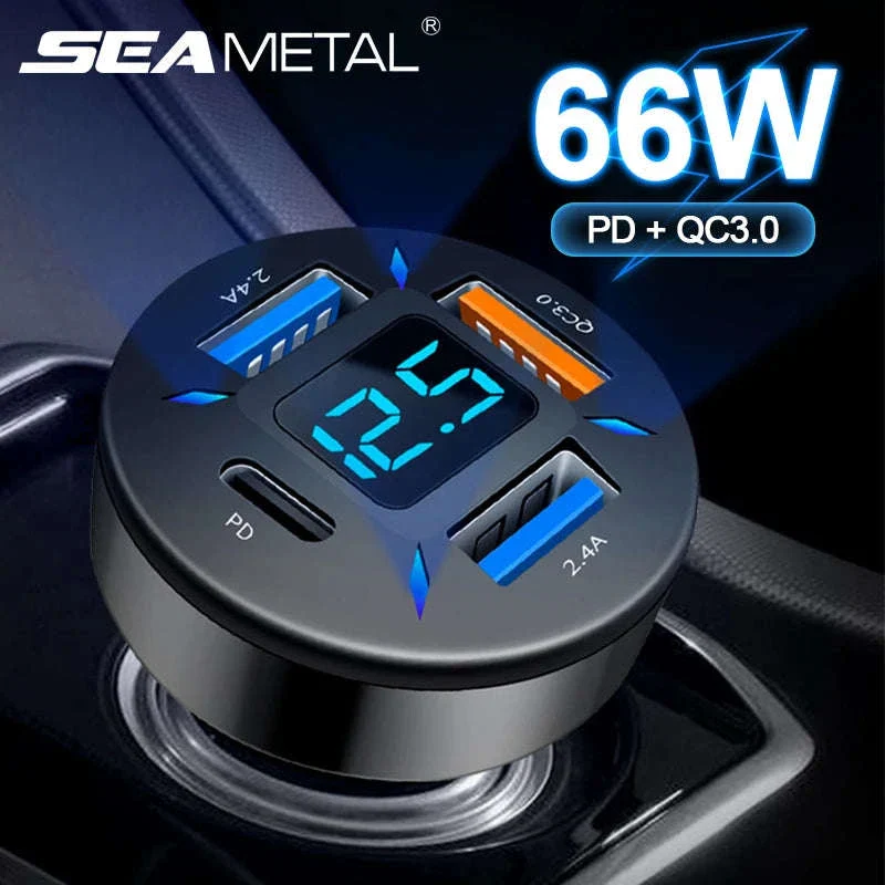 66W Car Charger with 4 USB Ports and Voltage Display