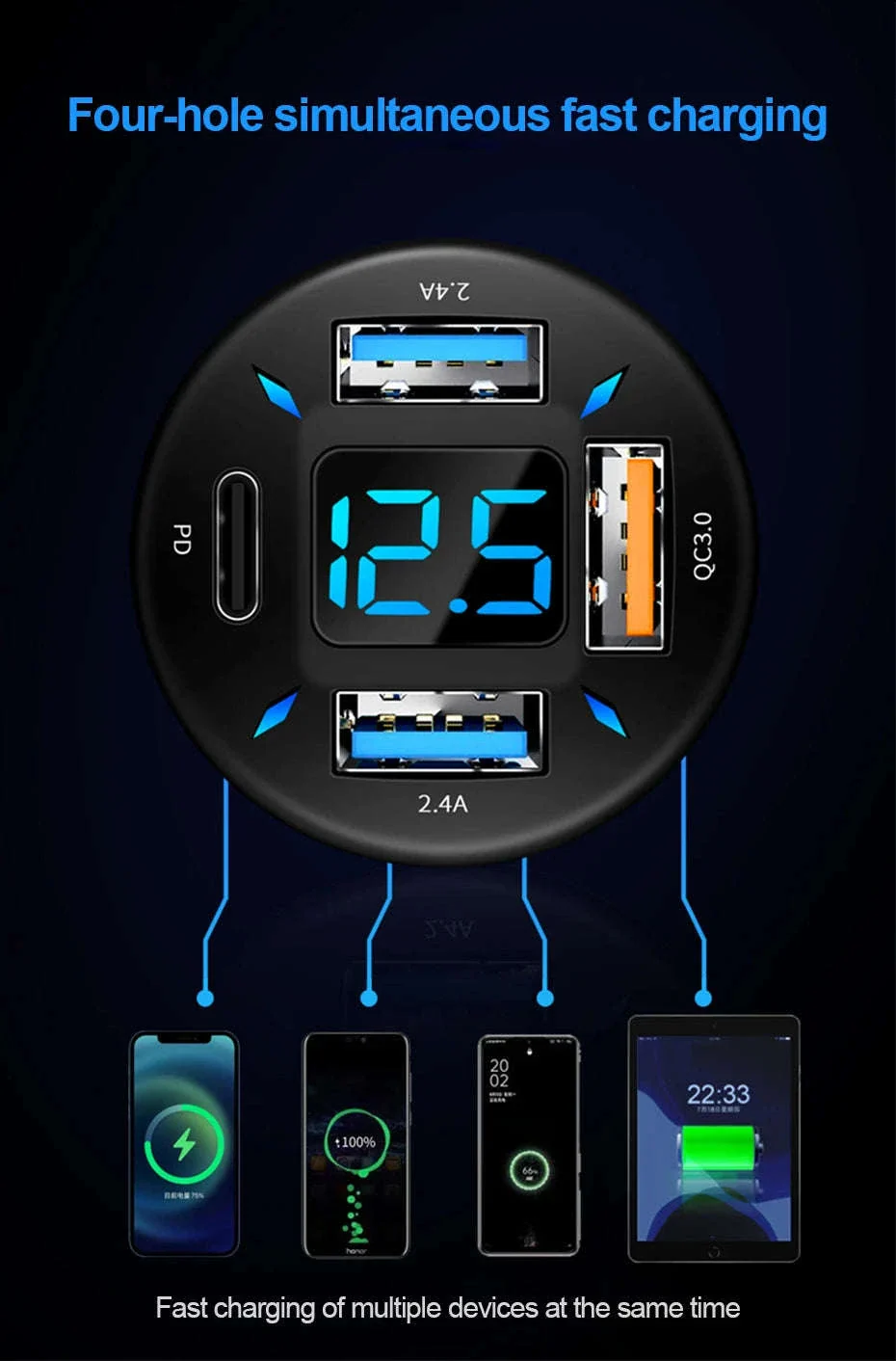 66W Car Charger with 4 USB Ports and Voltage Display - Image 10