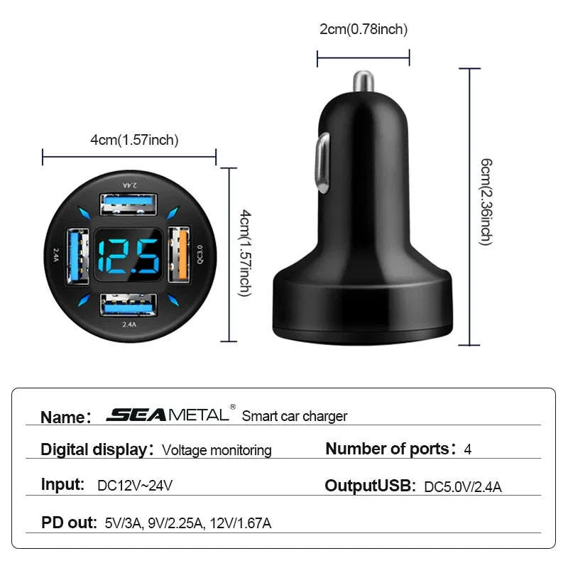 66W Car Charger with 4 USB Ports and Voltage Display - Image 2