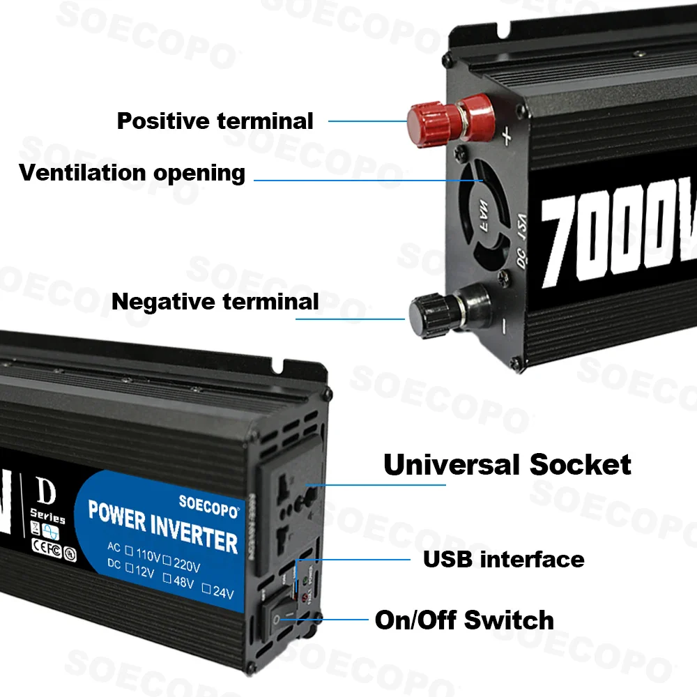 7000W Peak Power Inverter 12V/24V/48V DC to 110V/220V AC with USB - Image 2