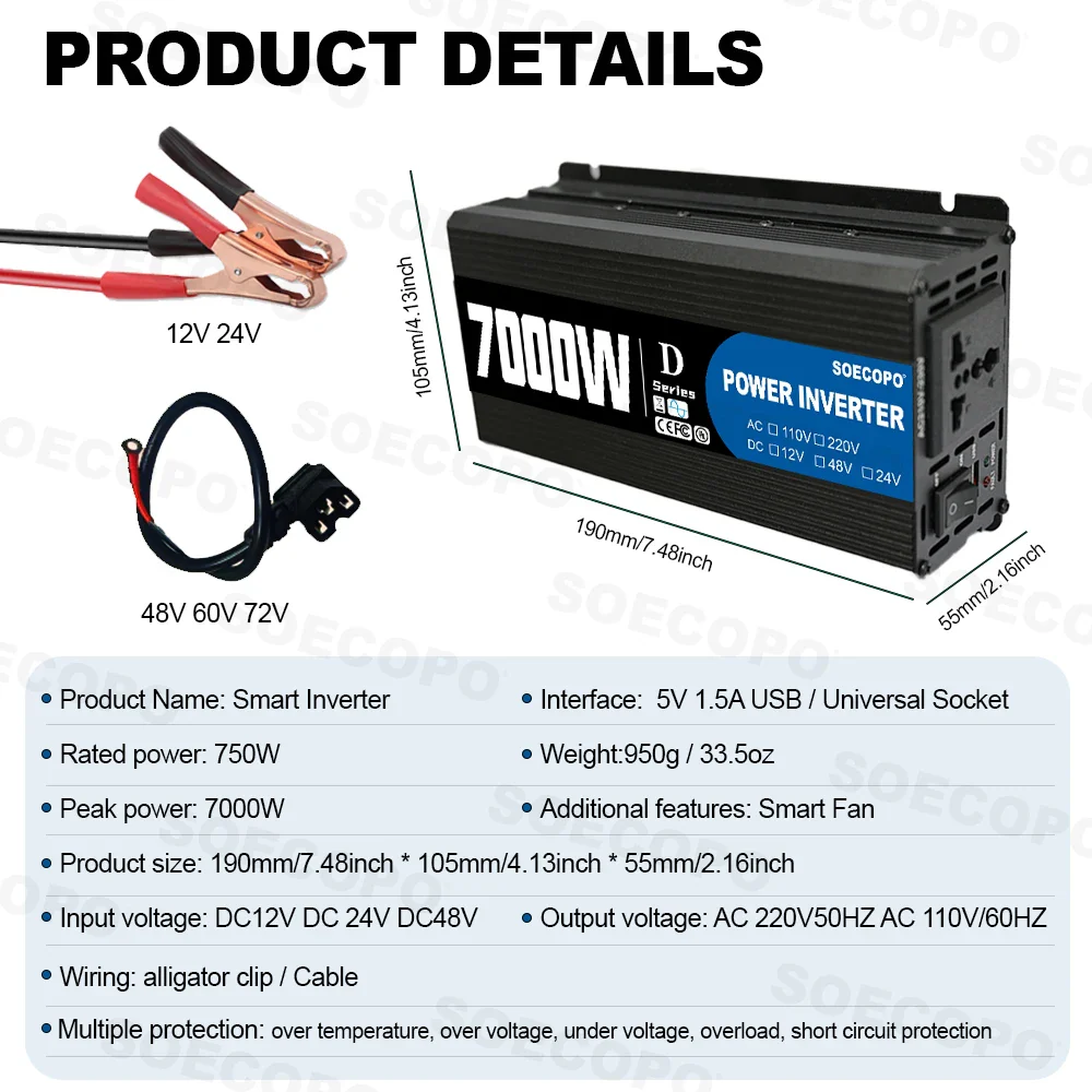 7000W Peak Power Inverter 12V/24V/48V DC to 110V/220V AC with USB - Image 3