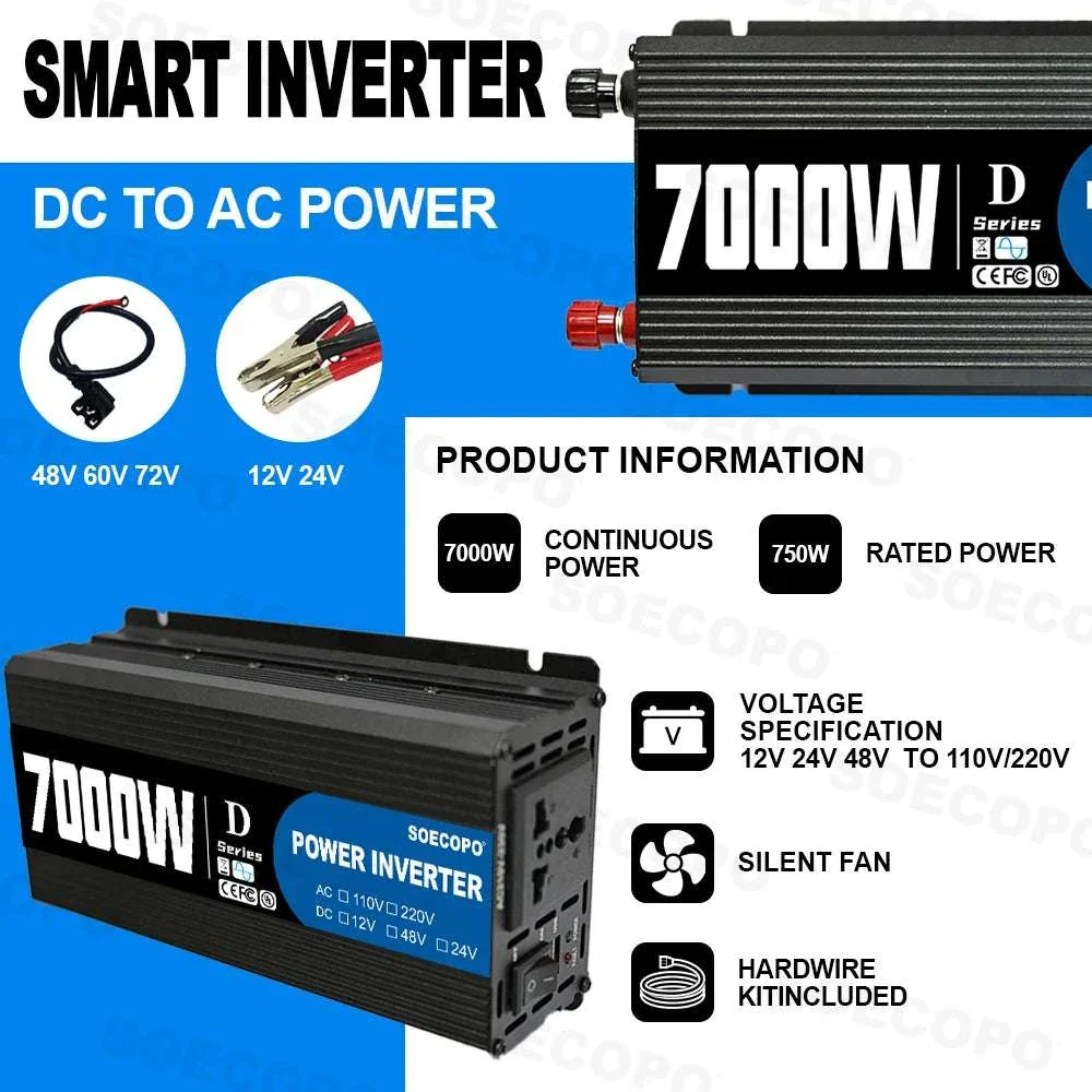 7000W Peak Power Inverter 12V/24V/48V DC to 110V/220V AC with USB - Image 7