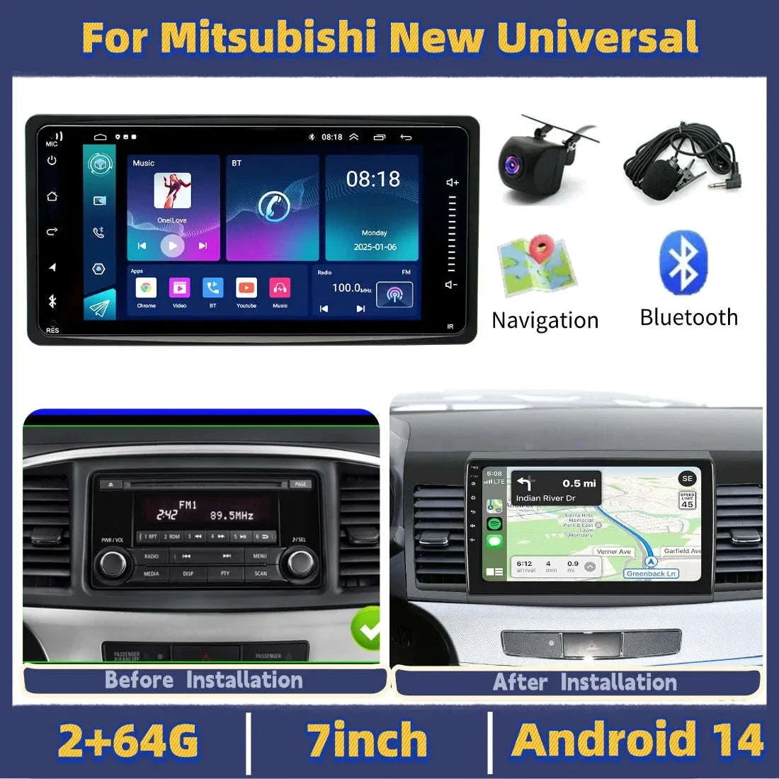 7inch Android Car Stereo with 2GB RAM, 64GB ROM and GPS Navi