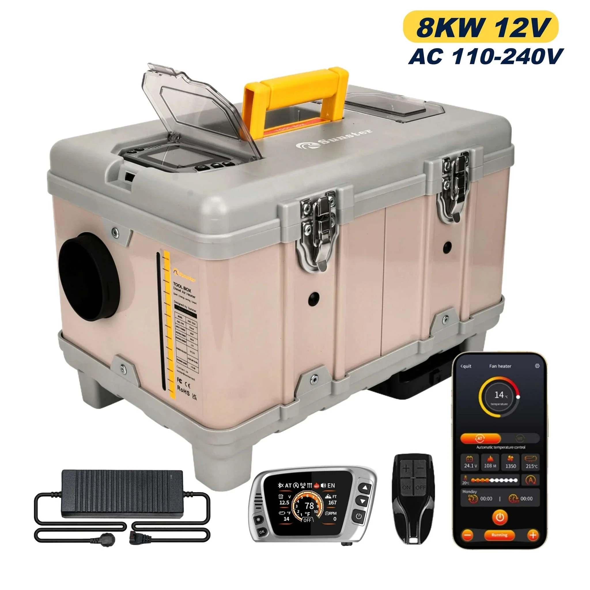 8KW Diesel Air Heater with Bluetooth App, Remote Control and 6L Tank