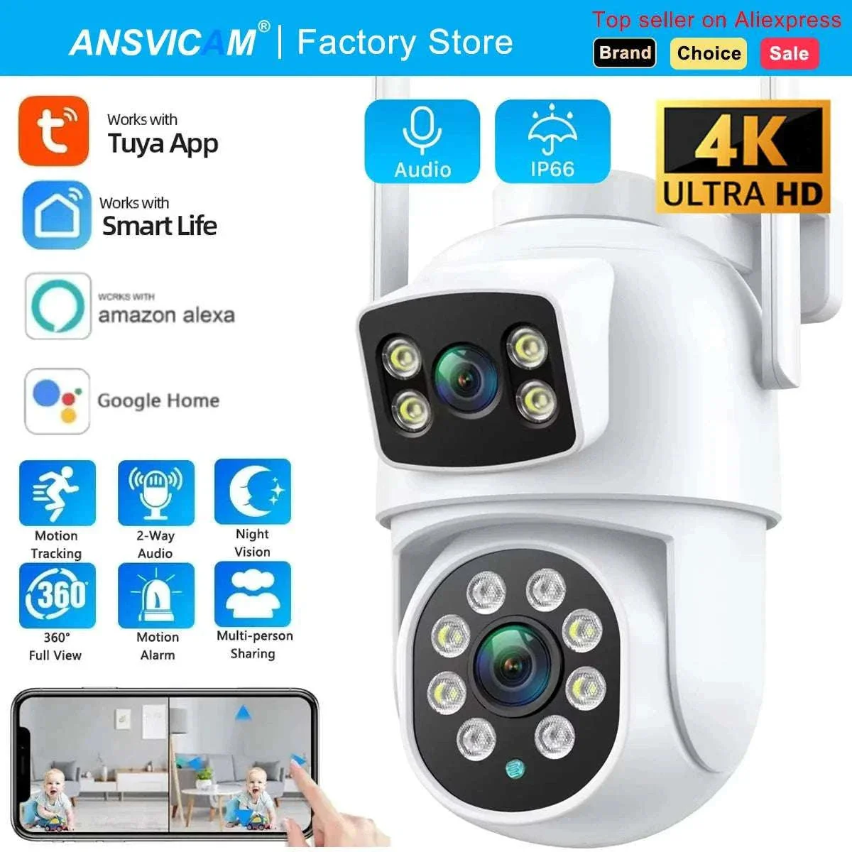 Dual Lens 8MP WiFi PTZ Security Camera with Auto Tracking
