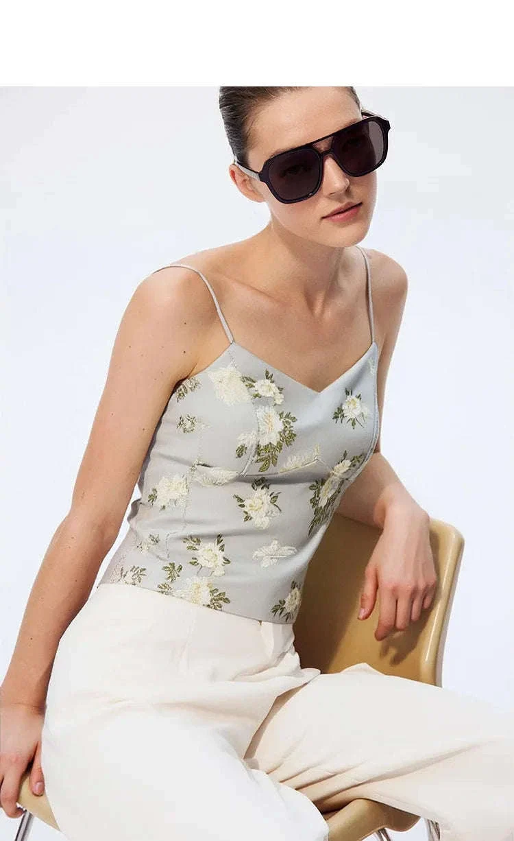 Amii Jacquard Floral Sling Vest Waist-Cinching Sleeveless Top - Image 16