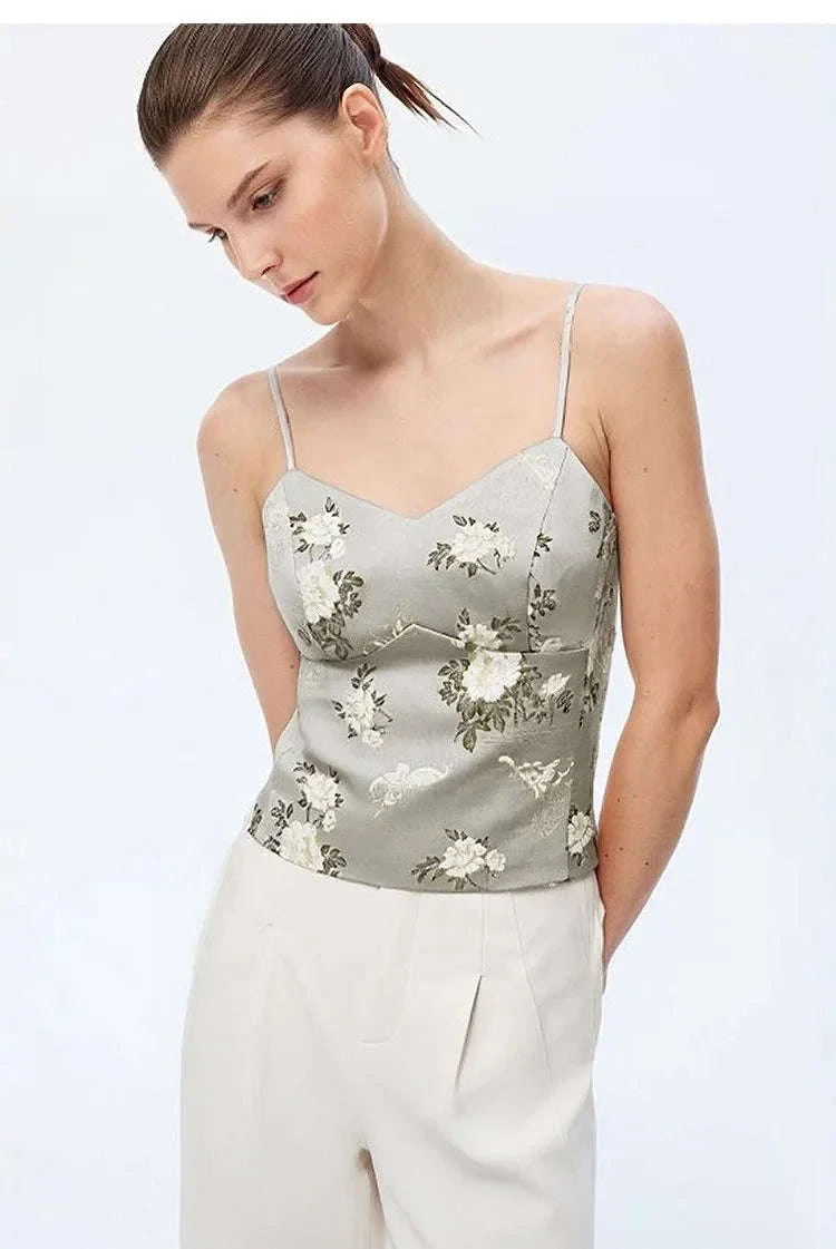 Amii Jacquard Floral Sling Vest Waist-Cinching Sleeveless Top - Image 17