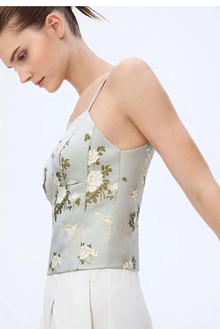 Amii Jacquard Floral Sling Vest Waist-Cinching Sleeveless Top - Image 19