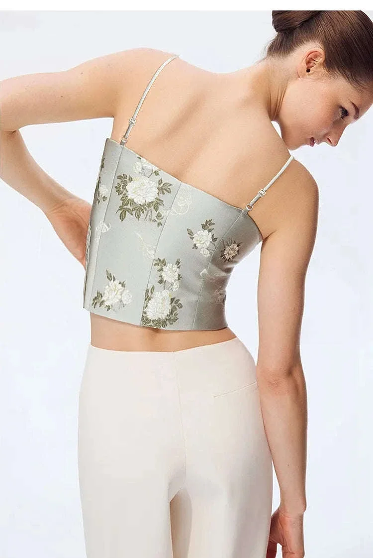 Amii Jacquard Floral Sling Vest Waist-Cinching Sleeveless Top - Image 20