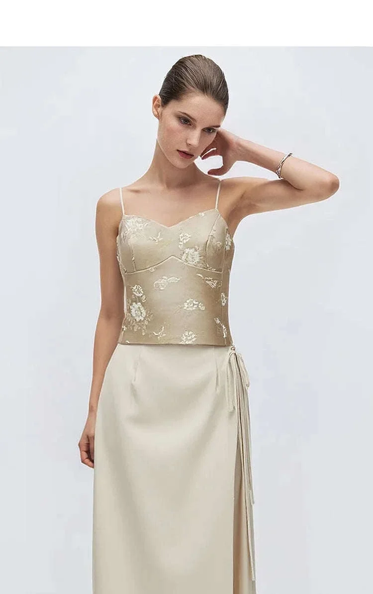 Amii Jacquard Floral Sling Vest Waist-Cinching Sleeveless Top - Image 23