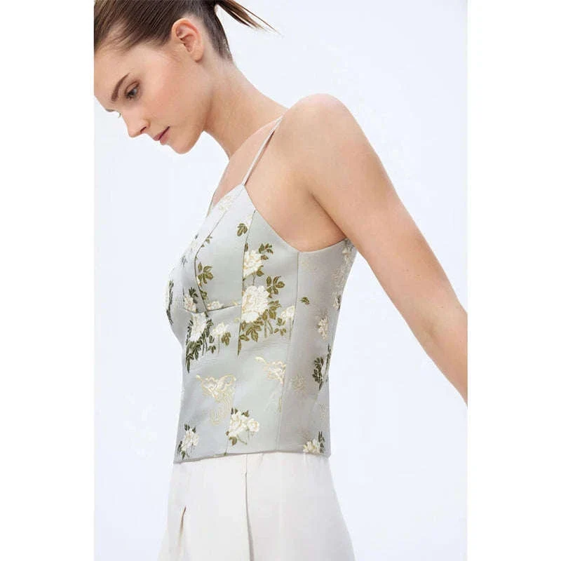 Amii Jacquard Floral Sling Vest Waist-Cinching Sleeveless Top - Image 4