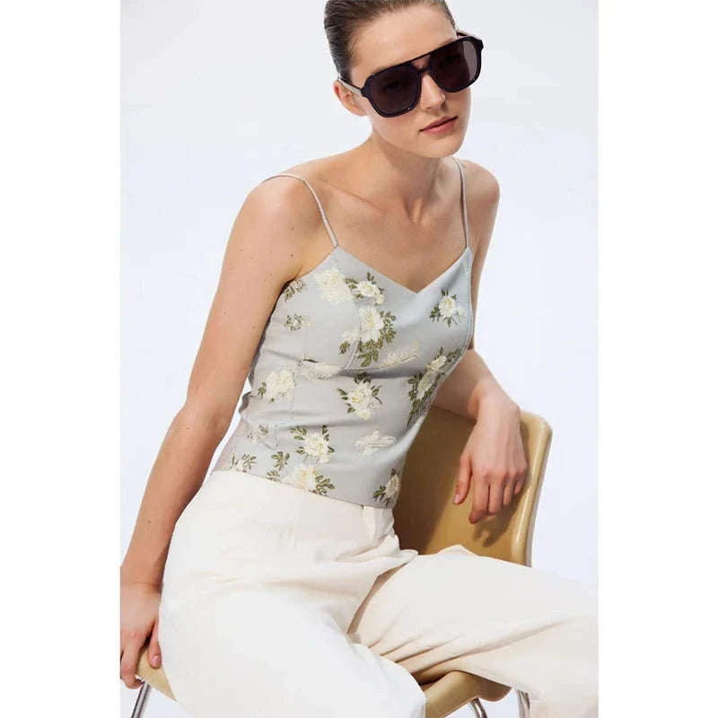 Amii Jacquard Floral Sling Vest Waist-Cinching Sleeveless Top - Image 5