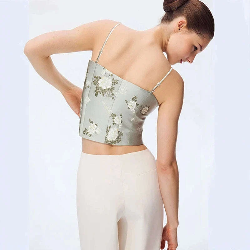 Amii Jacquard Floral Sling Vest Waist-Cinching Sleeveless Top - Image 6