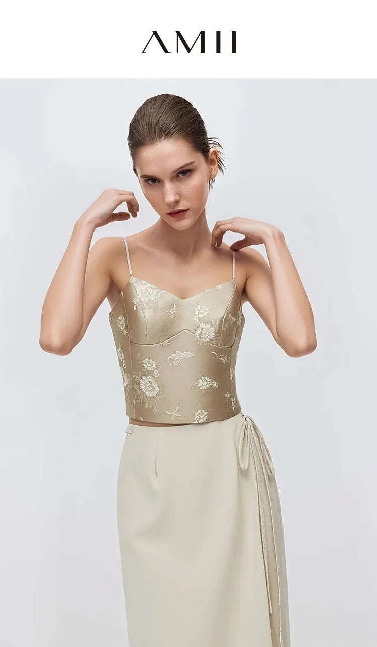 Amii Jacquard Floral Sling Vest Waist-Cinching Sleeveless Top - Image 7