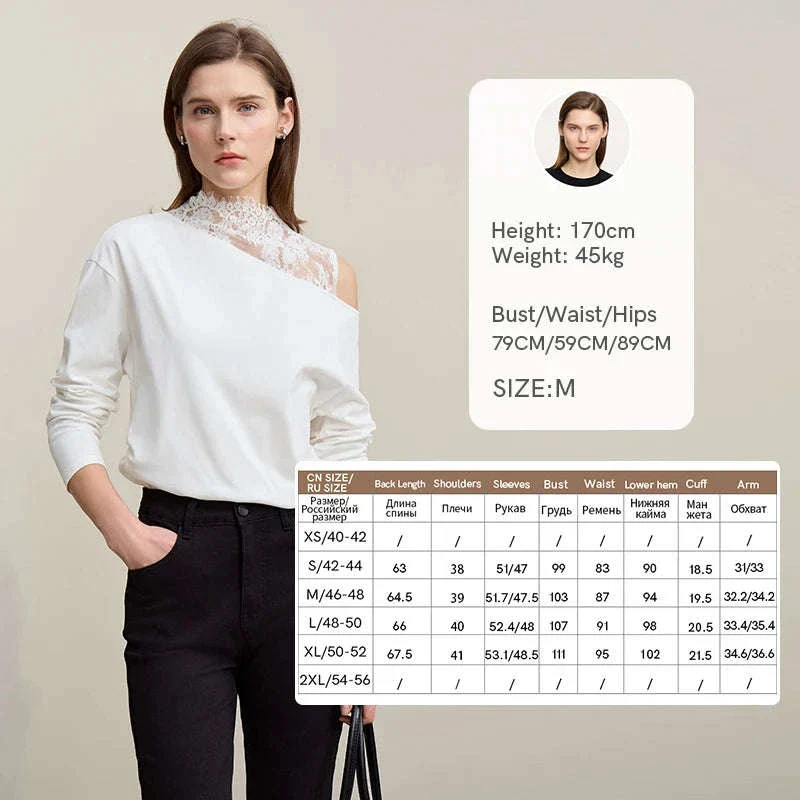 AMII Women’s Cotton Lace Off-Shoulder Long Sleeve T-Shirt Loose Fit - Image 30