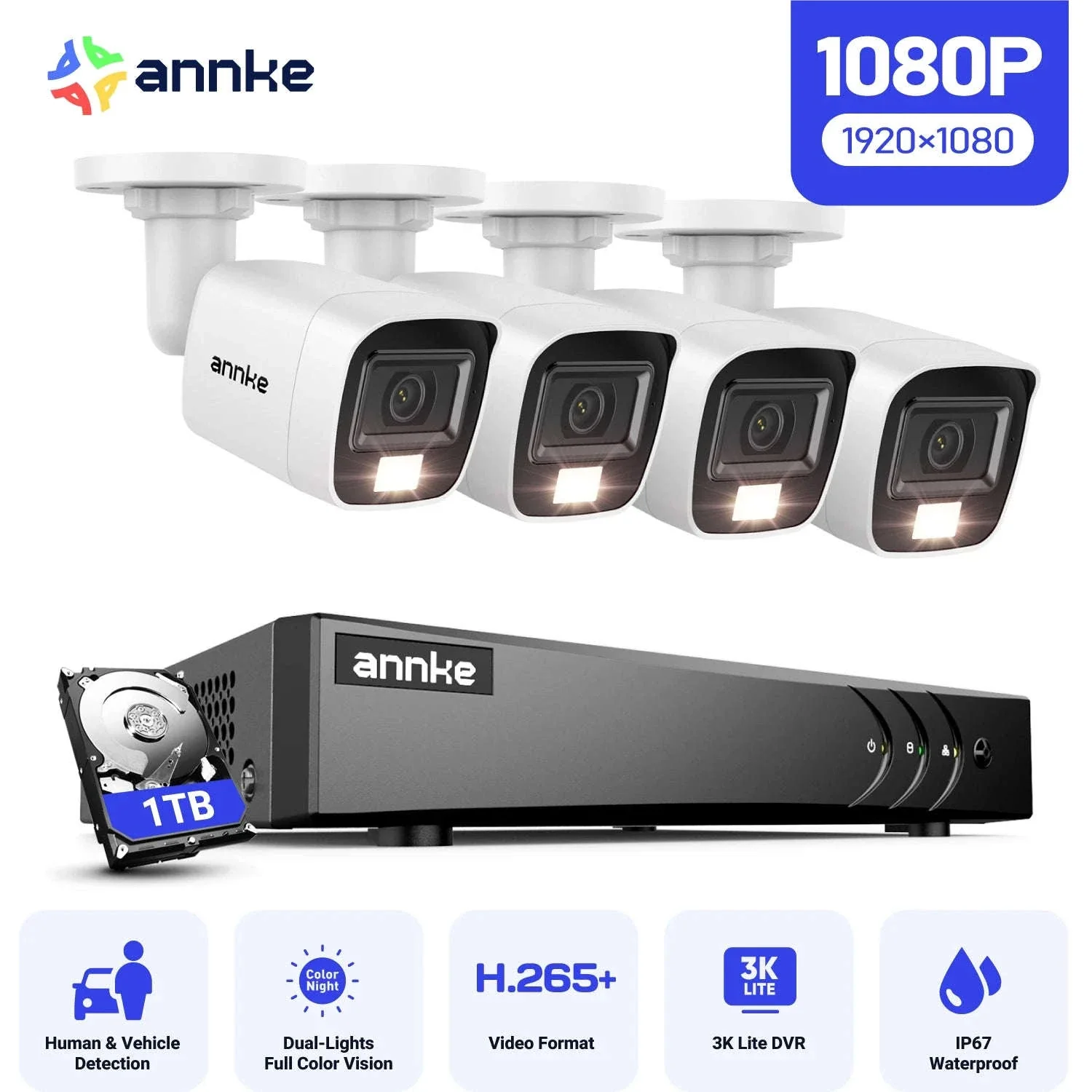 ANNKE 4-Camera 1080P Security Camera System with Human Detection