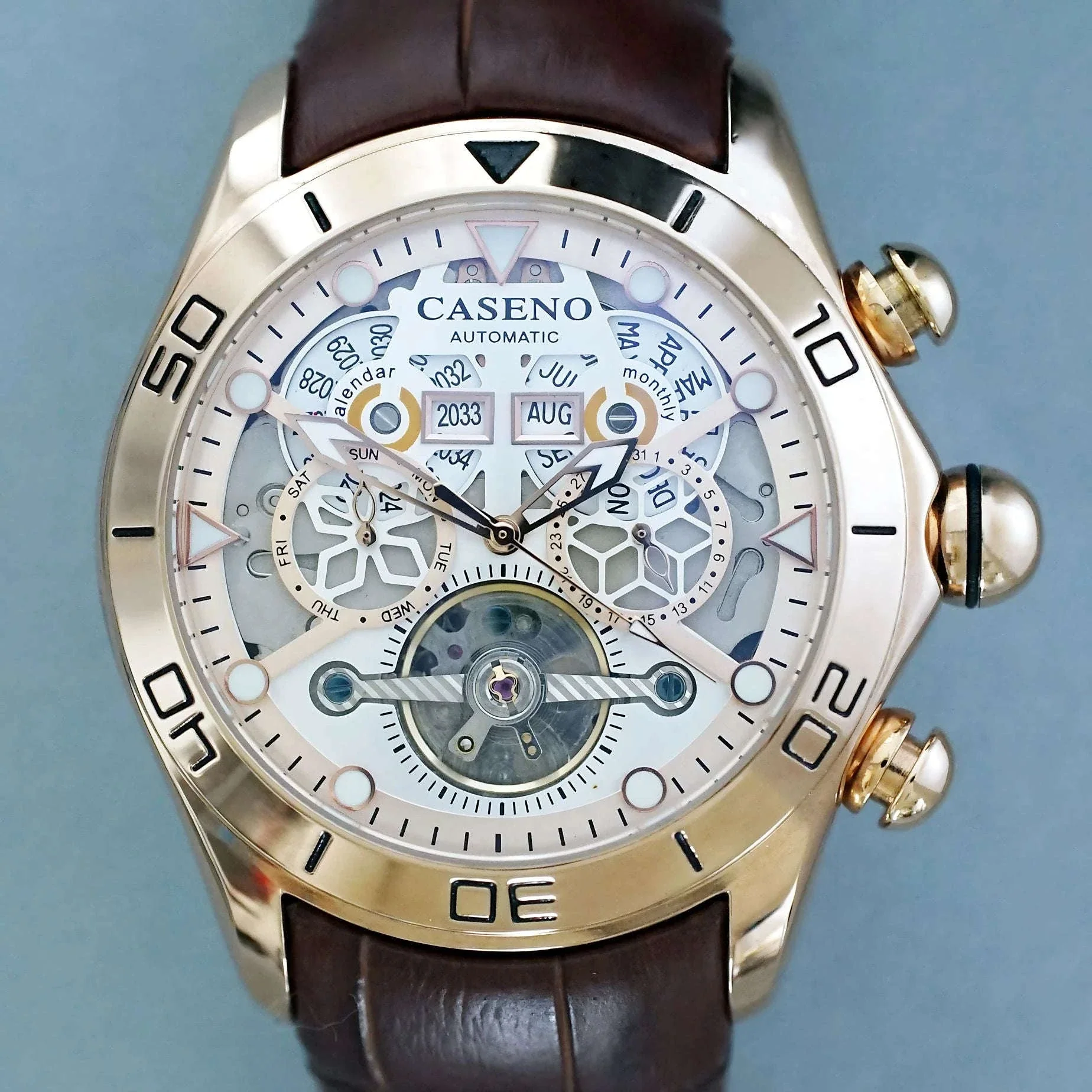 Automatic Skeleton Tourbillon Mechanical Watch with Leather Strap