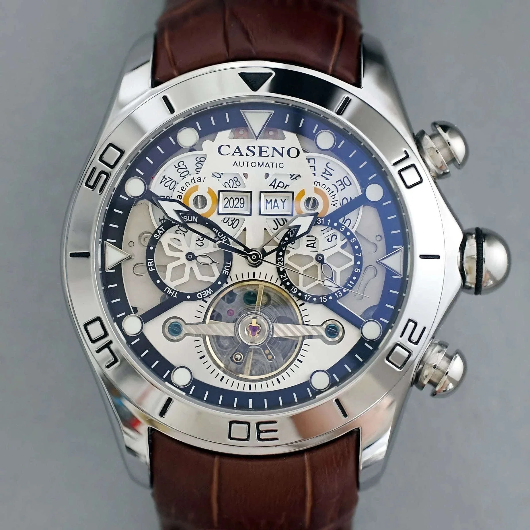 Automatic Skeleton Tourbillon Mechanical Watch with Leather Strap - Image 15