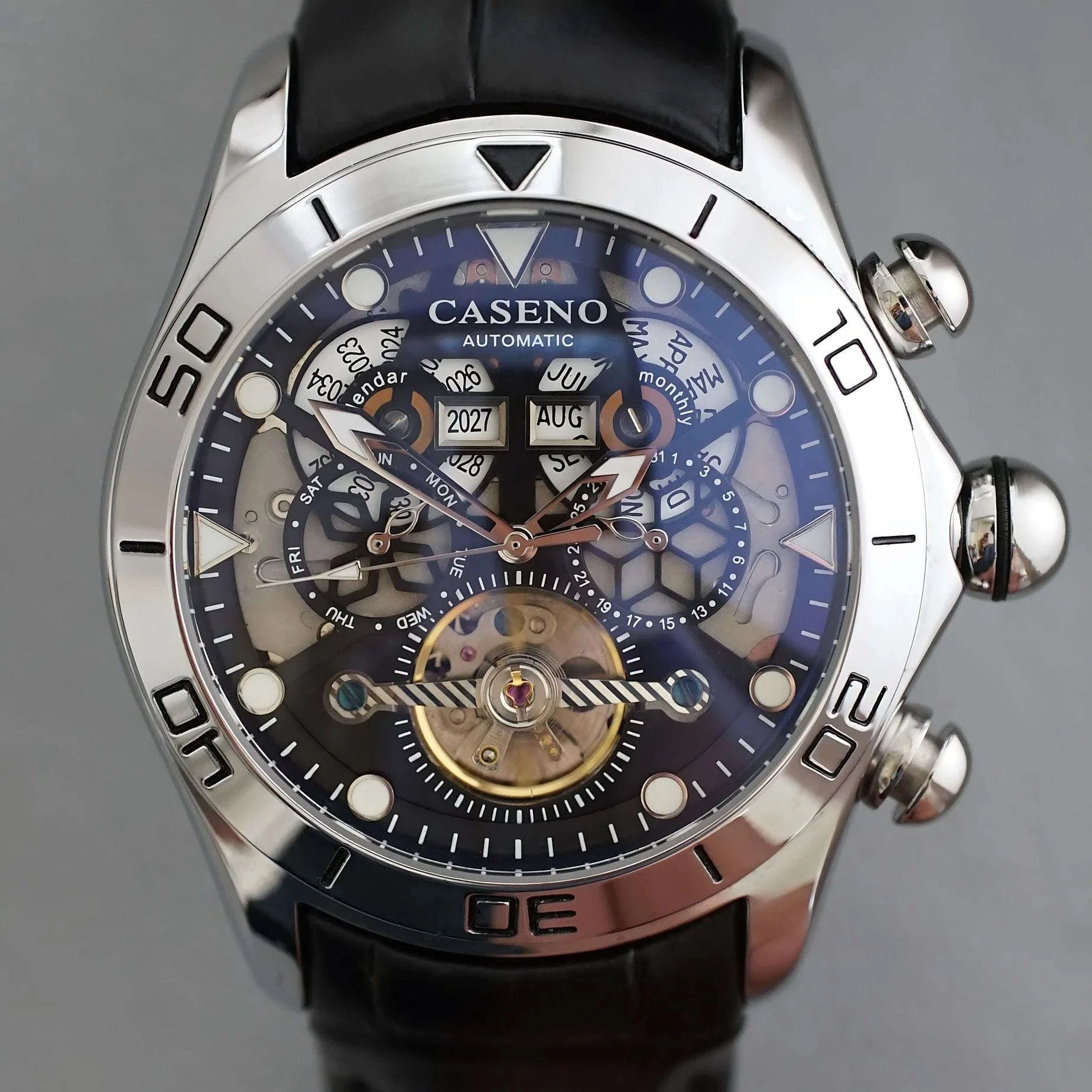 Automatic Skeleton Tourbillon Mechanical Watch with Leather Strap - Image 16