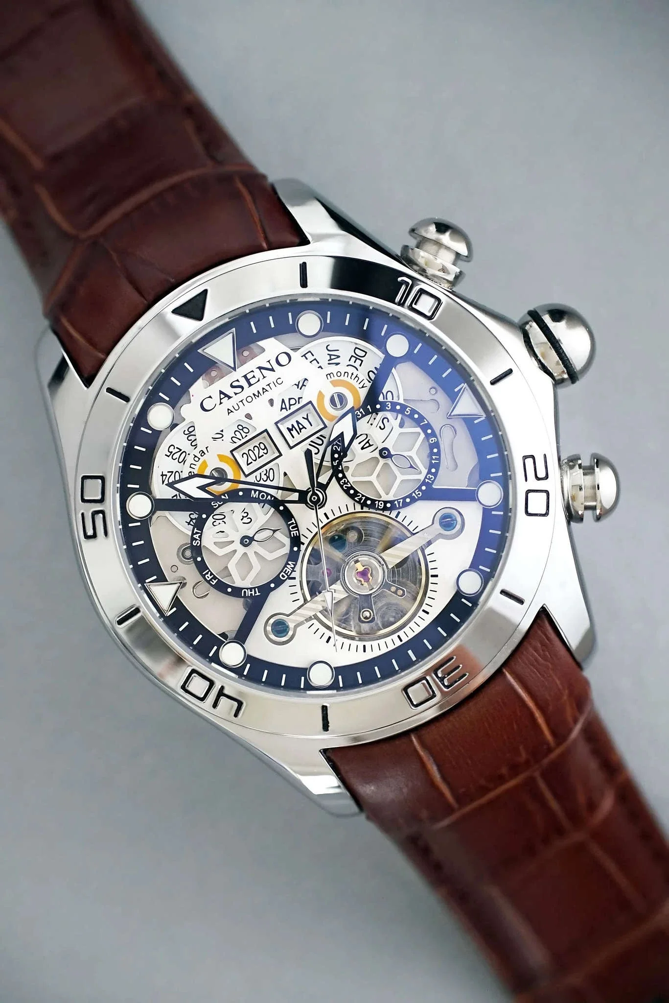 Automatic Skeleton Tourbillon Mechanical Watch with Leather Strap - Image 9