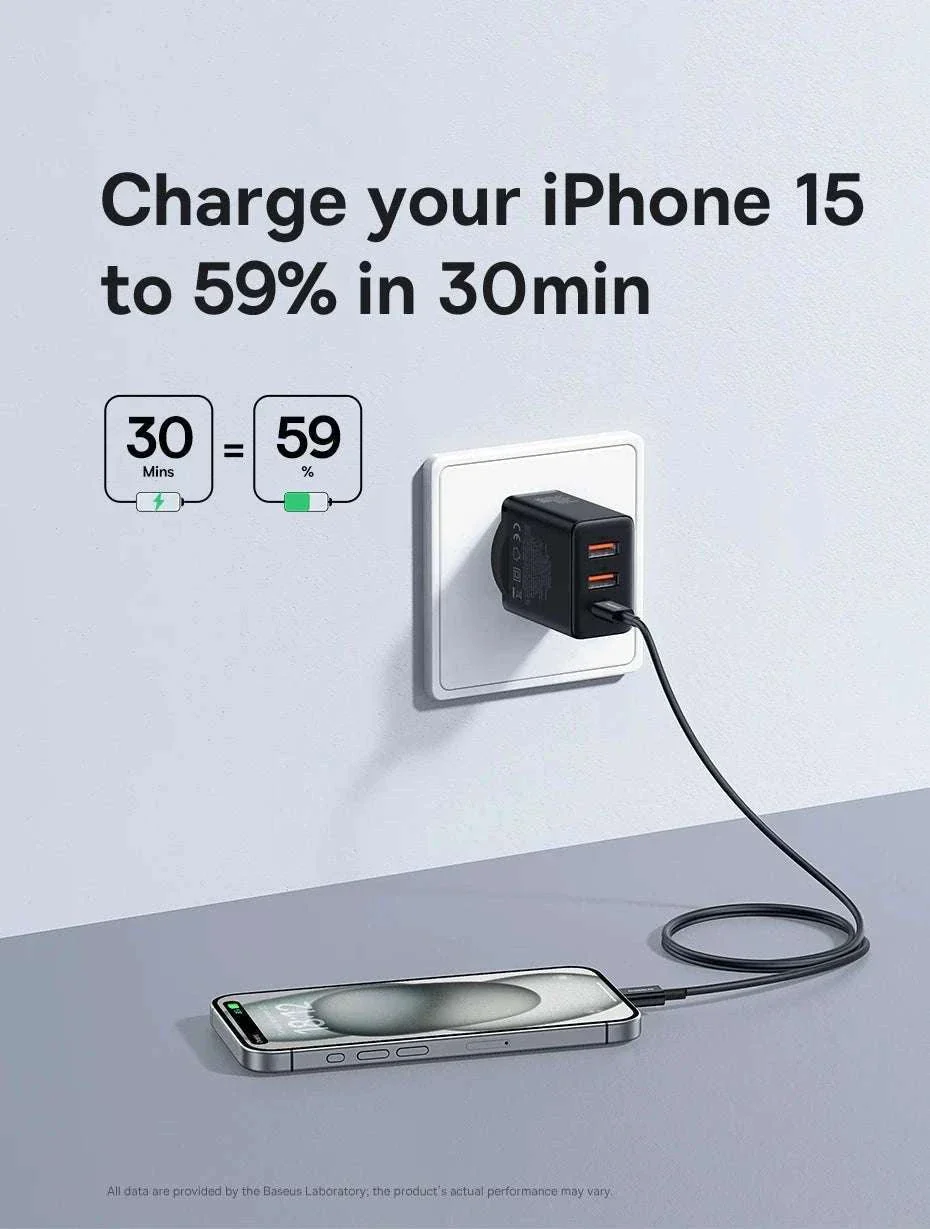 Baseus 30W Fast Charger 3-Port USB-C PD & QC3.0 Wall Adapter - Image 13