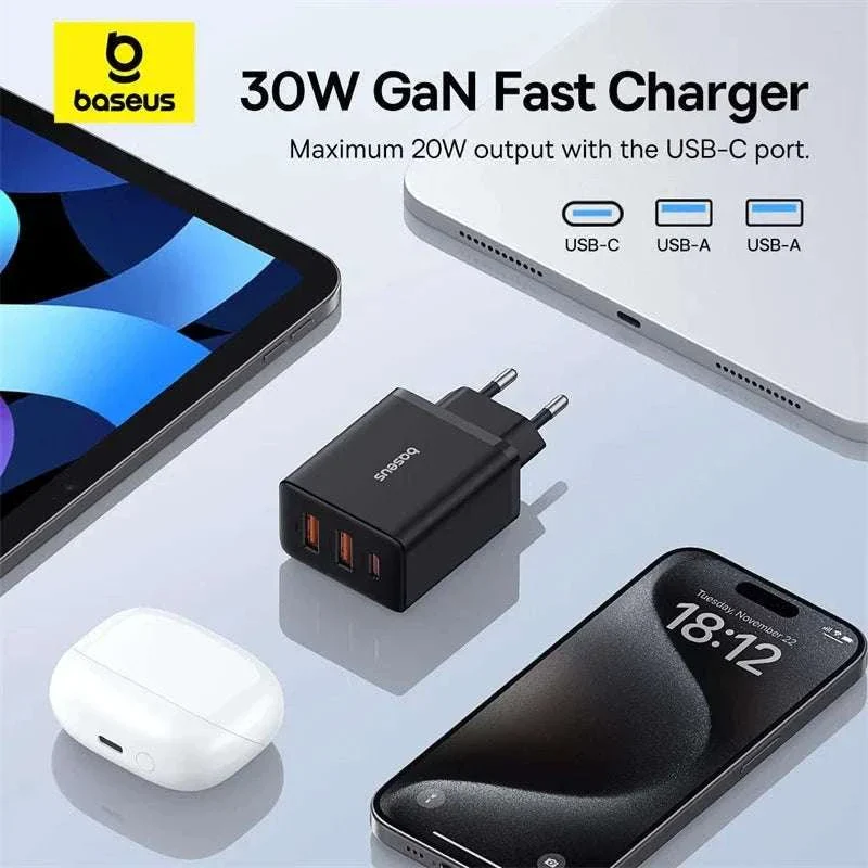 Baseus 30W Fast Charger 3-Port USB-C PD & QC3.0 Wall Adapter - Image 4