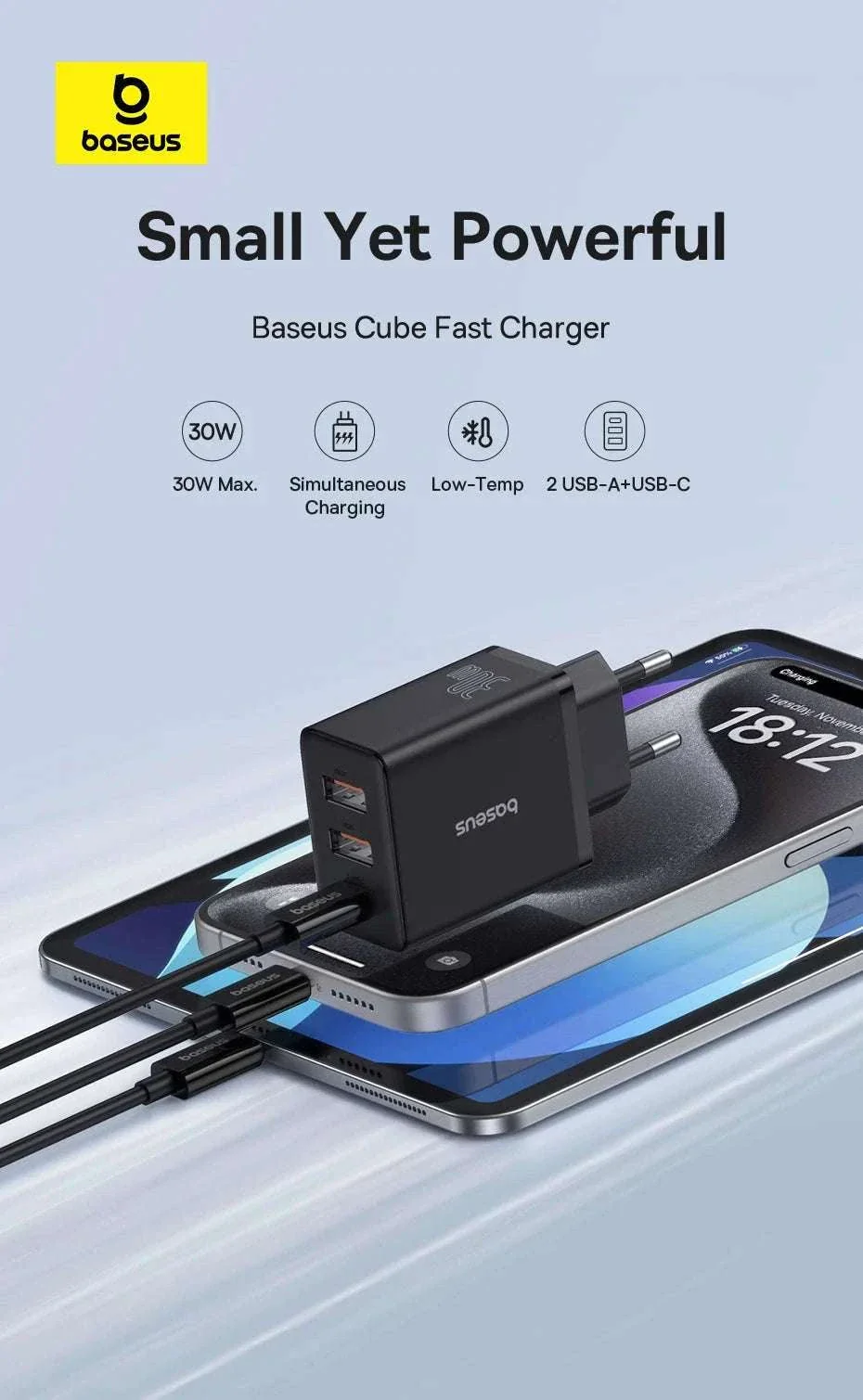 Baseus 30W Fast Charger 3-Port USB-C PD & QC3.0 Wall Adapter - Image 8