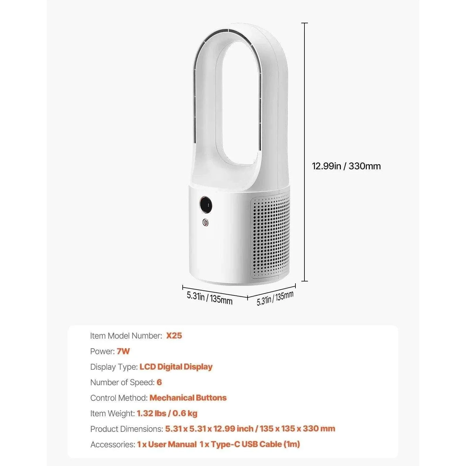 Bladeless Desk Fan with 6 Speeds Quiet 7W Cooling Tower - Image 15