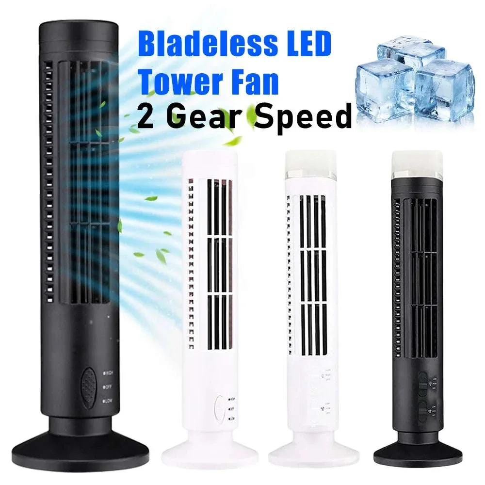 Bladeless LED Tower Fan with USB Power and 90° Oscillation