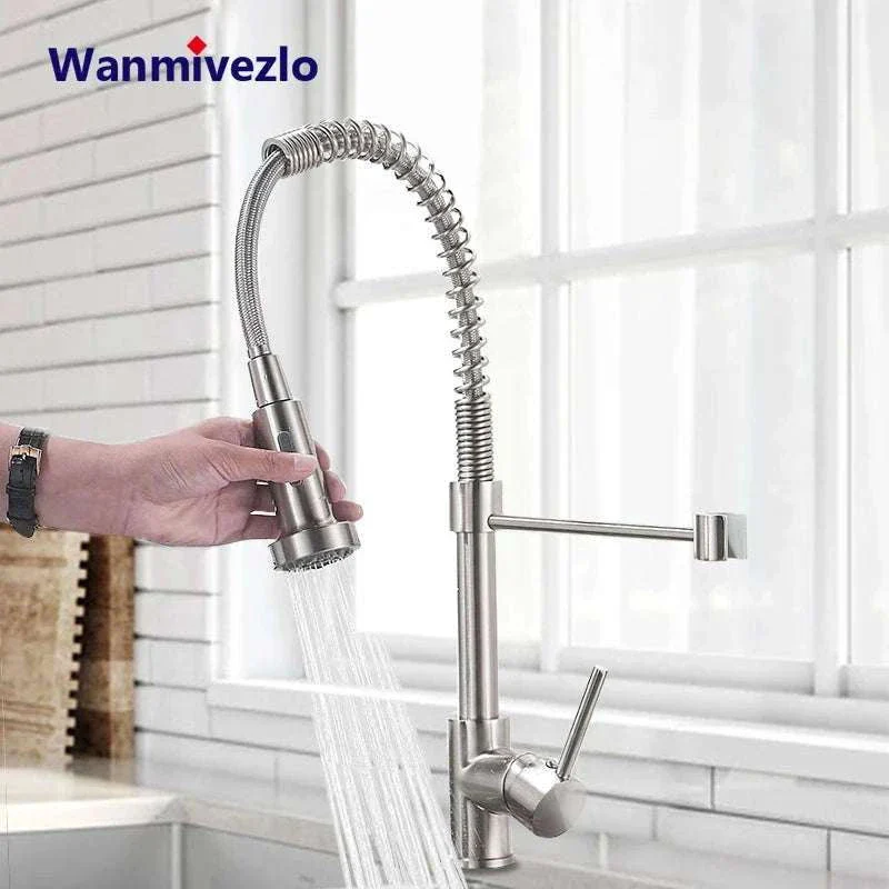 Brushed Nickel Pull Down Kitchen Faucet with Spring Design
