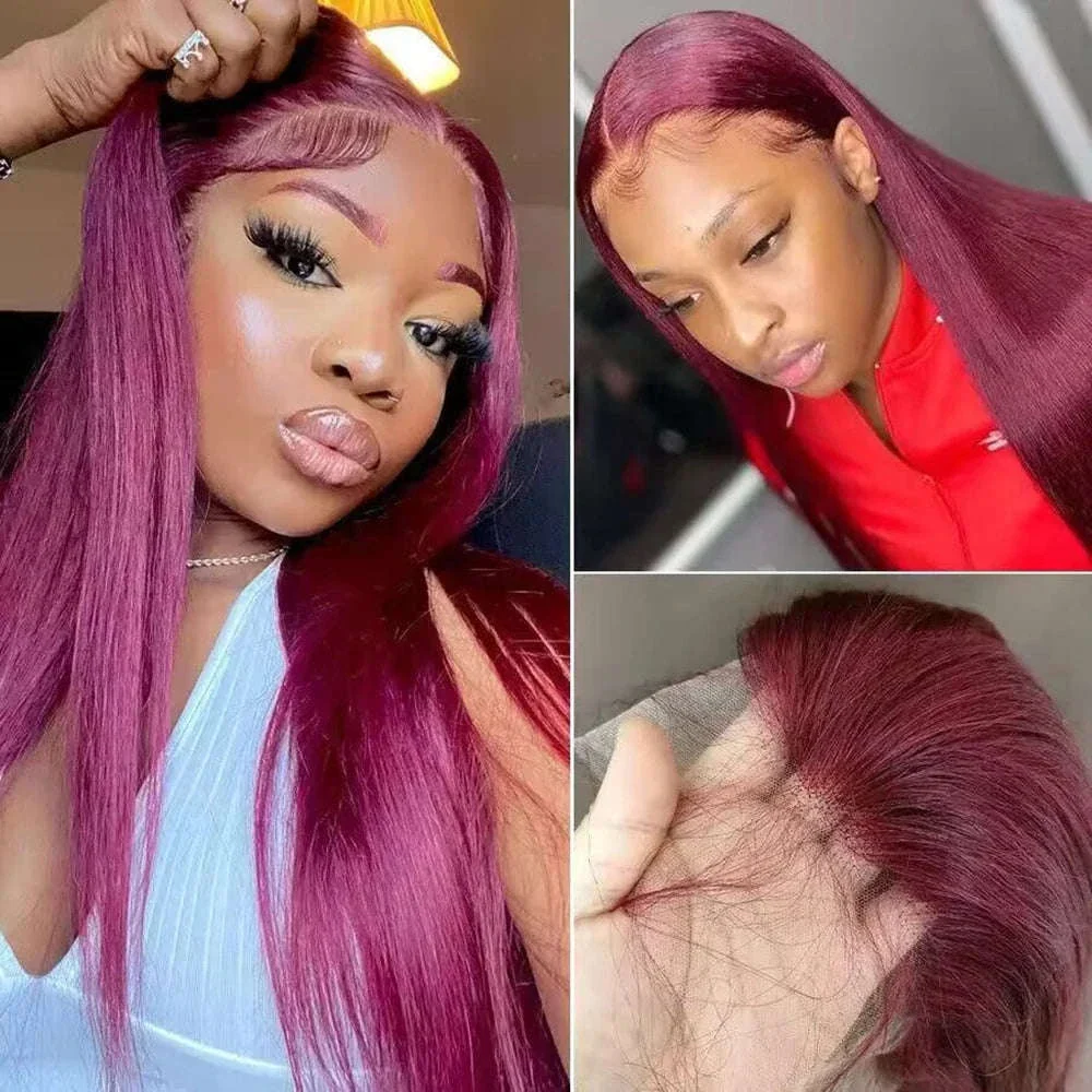 Burgundy HD Lace Front Human Hair Wig, Straight 99J - Image 4