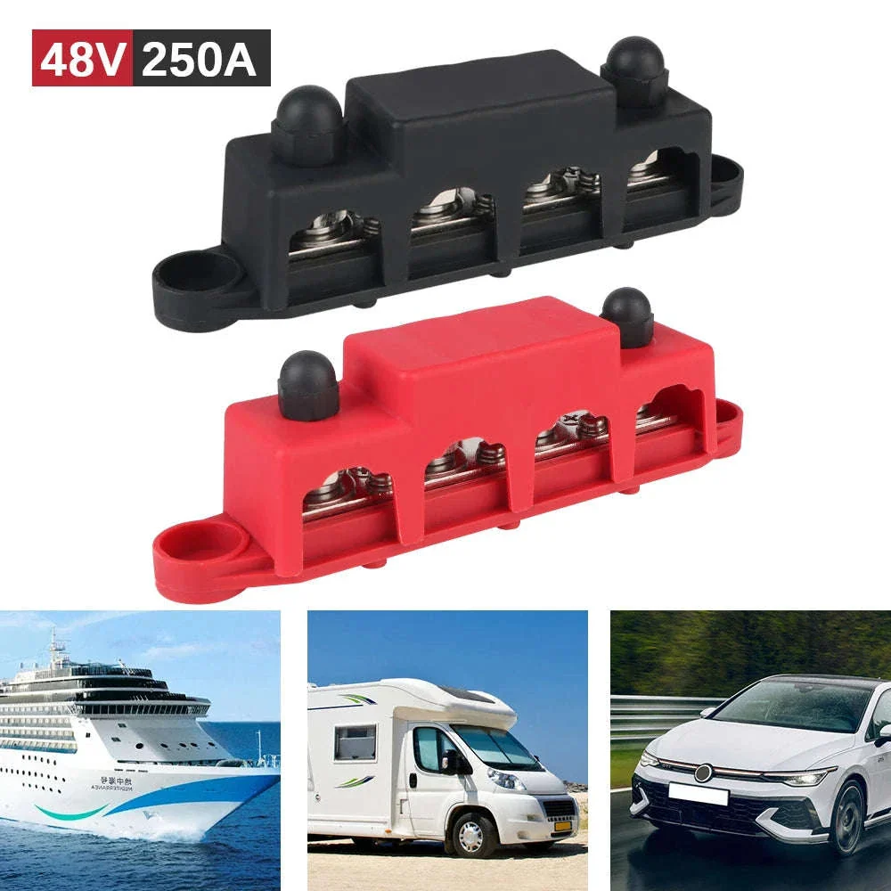 Caravan RV Power Distribution Block 4 Way 48V 250A DC Bus Bar with M8/M10 Studs