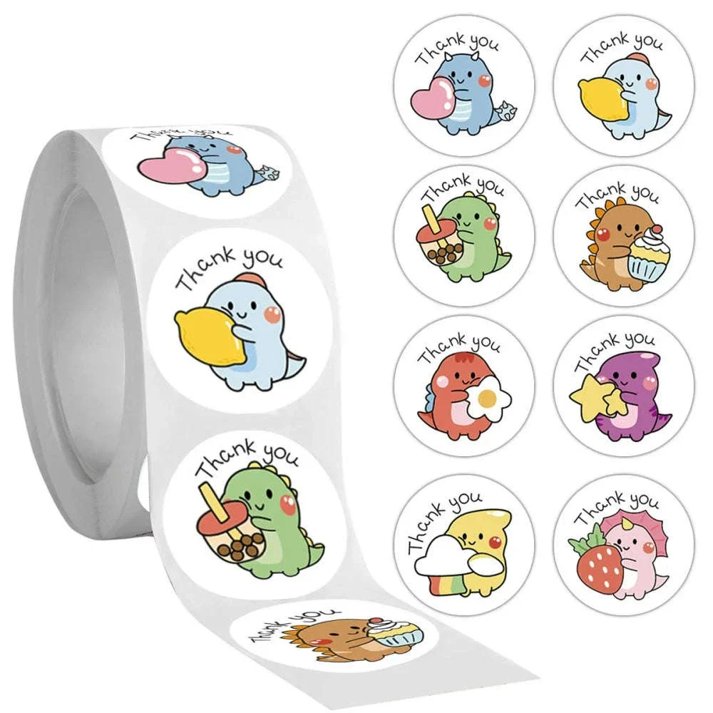 Cartoon Dinosaur Thank You Stickers, 1-Inch Adhesive Labels