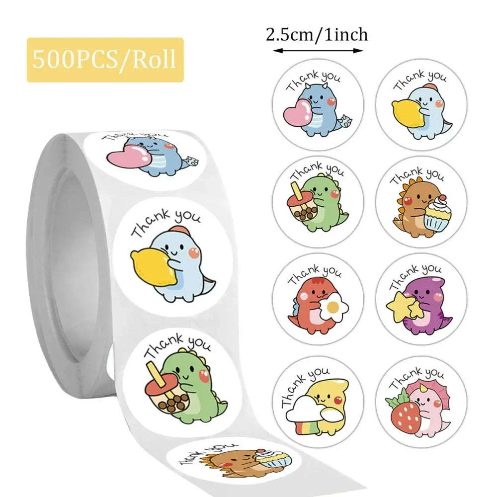 Cartoon Dinosaur Thank You Stickers, 1-Inch Adhesive Labels - Image 5