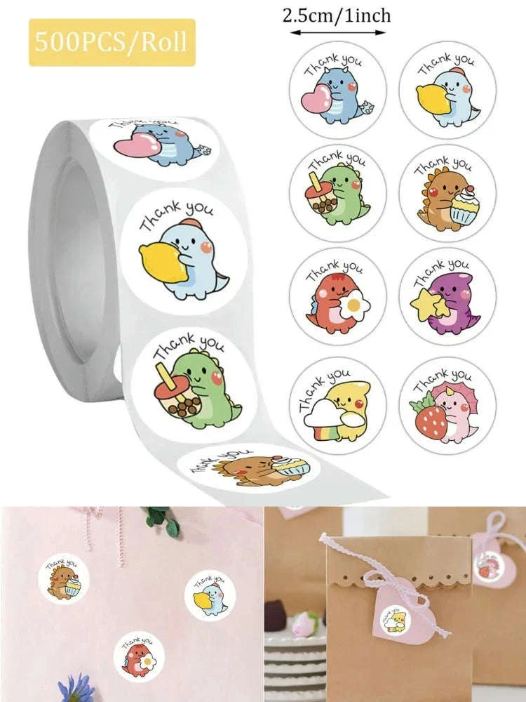Cartoon Dinosaur Thank You Stickers, 1-Inch Adhesive Labels - Image 7