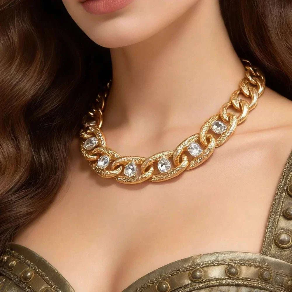 Chunky Gold Curb Chain Necklace with Crystal Accents Adjustable Fit