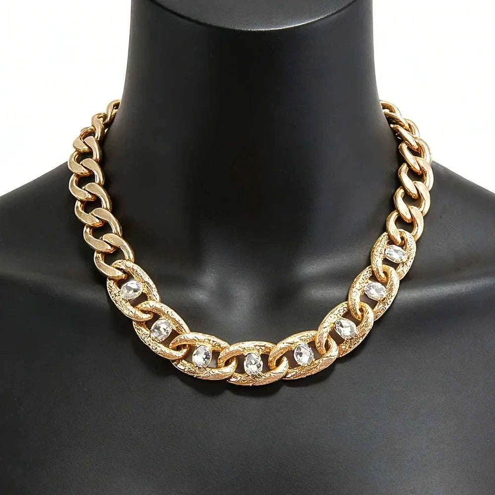 Chunky Gold Curb Chain Necklace with Crystal Accents Adjustable Fit - Image 10
