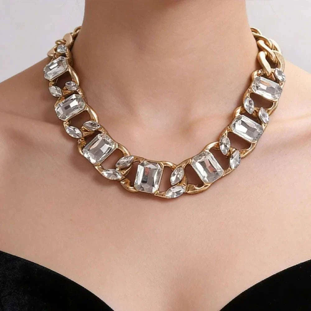Chunky Gold Curb Chain Necklace with Crystal Accents Adjustable Fit - Image 11